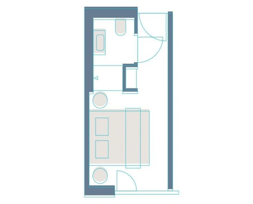 Grundriss eines 16 Quadratmeter großen Hotelzimmers mit Bad und Schlafbereich im Jugend- und Familienhotel Augustin.
