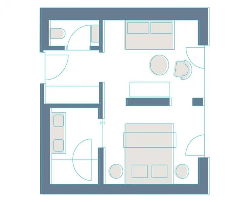 Grundriss eines 31 Quadratmeter großen Zimmers mit Bad, Schlaf- und Wohnbereich im Hotel Augustin München