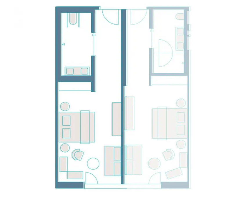 Grundriss eines 36 Quadratmeter großen barrierefreien Zimmers mit Bad und Schlafbereich im Hotel Augustin München