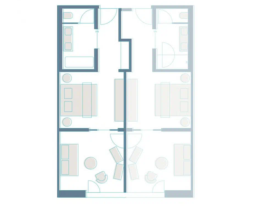 Grundriss eines 36 Quadratmeter großen Zimmers mit Bad und getrenntem Wohn- und Schlafbereich im Hotel Augustin München