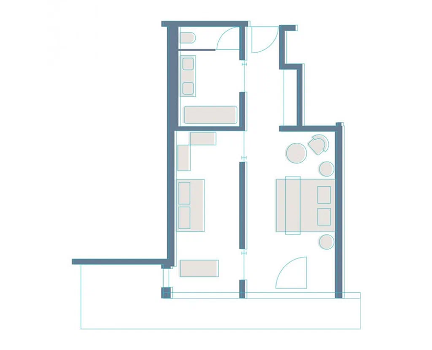 Grundriss eines 48 Quadratmeter großen barrierefreien Zimmers mit Bad, getrenntem Schlaf- und Wohnbereich und Terrasse im Hotel Augustin München