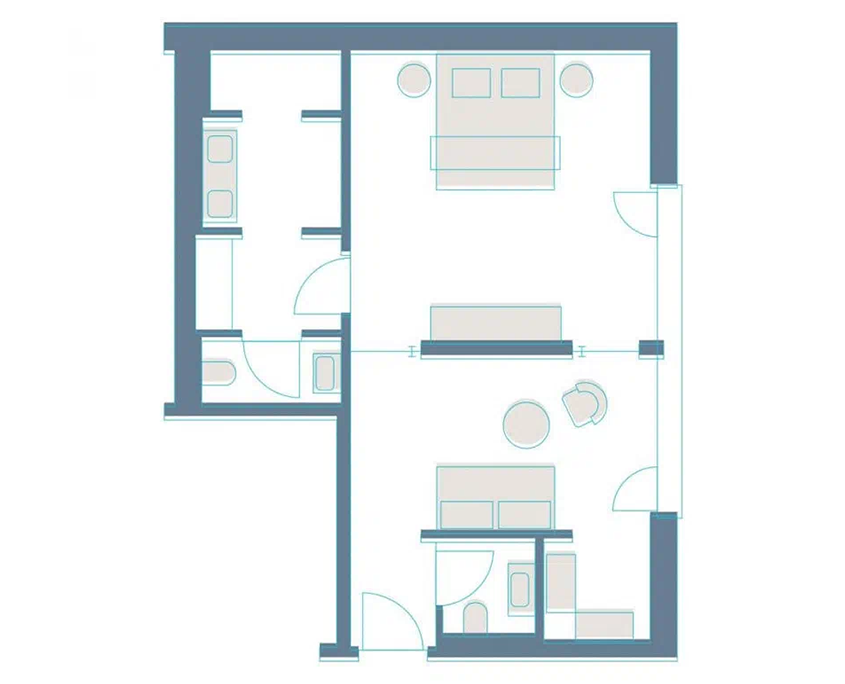 Grundriss einer 52 Quadratmeter großen Suite im Hotel Augustin München, aufgeteilt in geräumigen Schlaf- und Wohnraum und ausgestattet mit zwei Bädern und begehbaren Kleiderschränken.