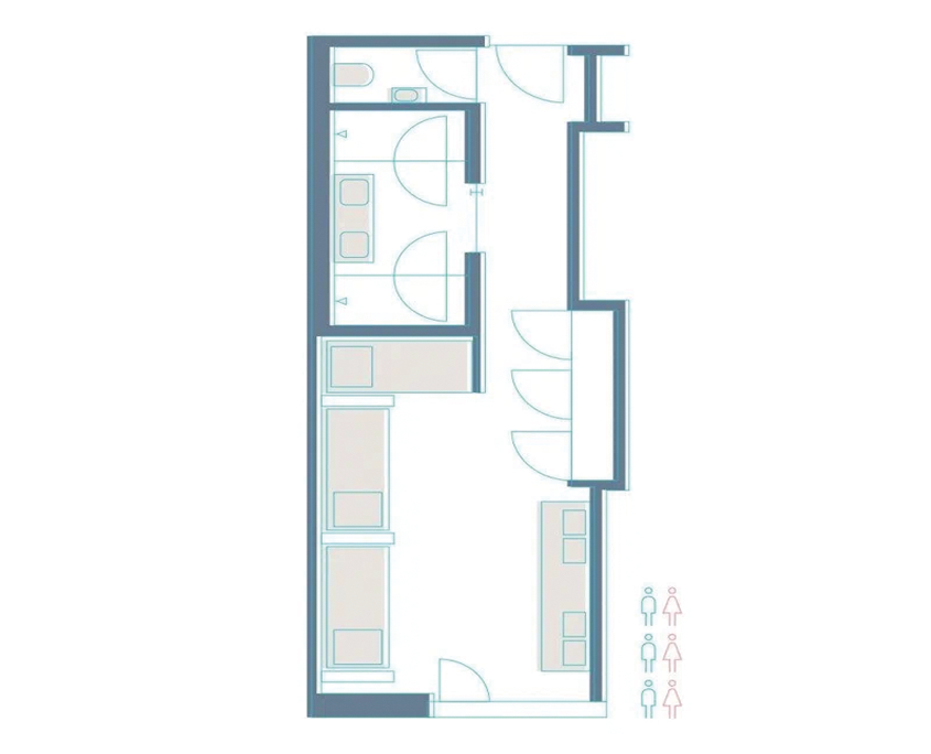 Grundriss eines 6er Zimmers mit Schlafbereichen, Badezimmer, Schräken und Sitzmöglichkeiten im Jugend- und Familienhotel Augustin.